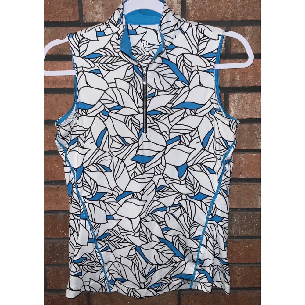 Tail White Label Womens Golf Top Sleeveless Quarter Zip Blue Leaf Print Mock XS